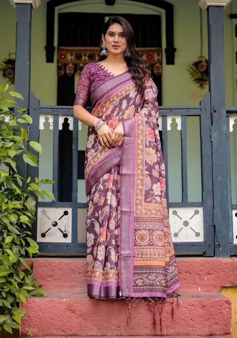 Wine Embroidery Linen Saree Set