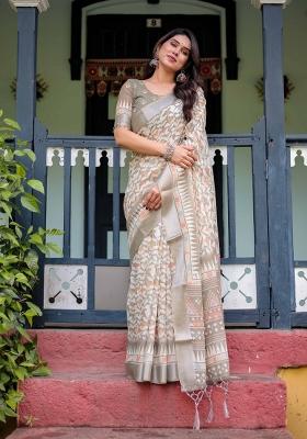 Olive Green Embroidery Linen Saree Set