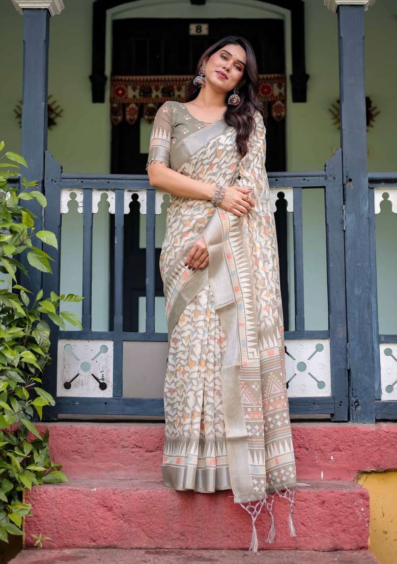 Olive Green Embroidery Linen Saree Set for Diwali and Festive Wear - Indya