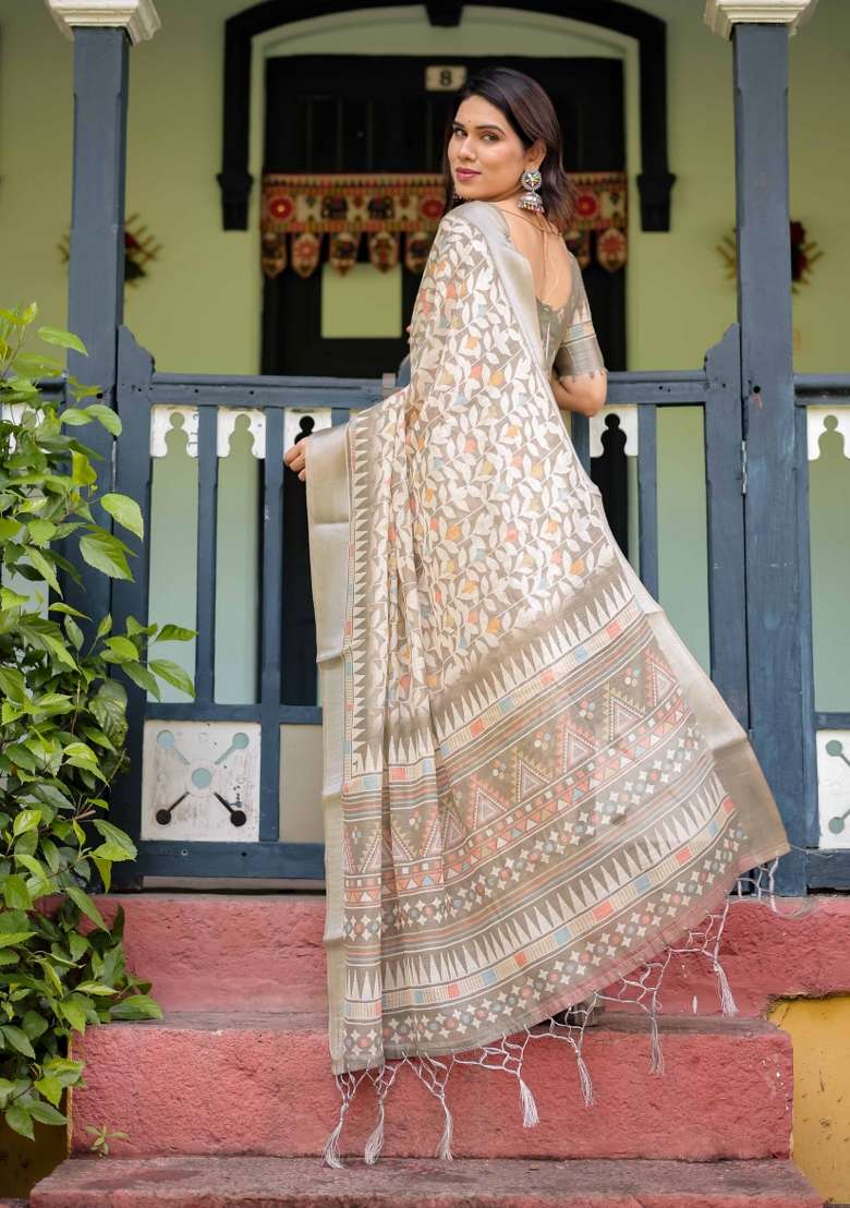 Olive Green Embroidery Linen Saree Set for Diwali and Festive Wear - Indya