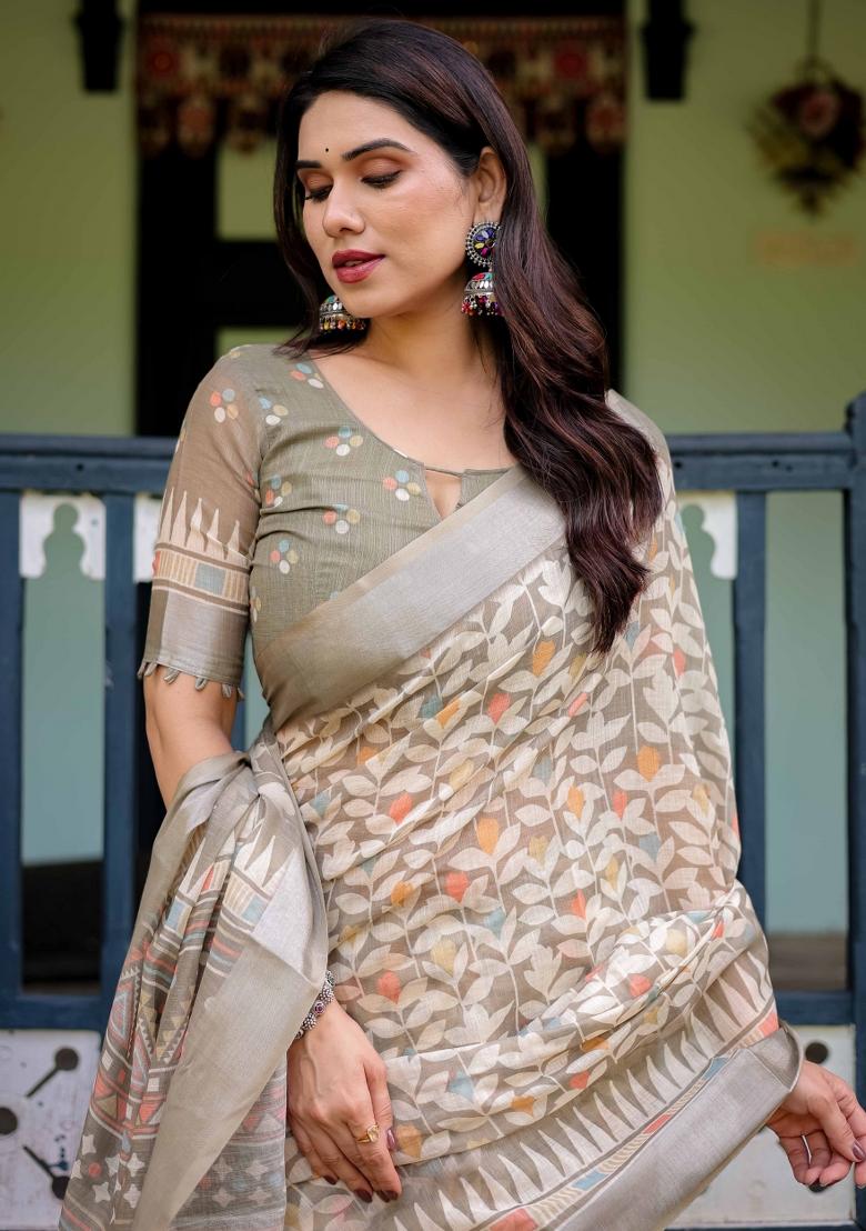 Olive Green Embroidery Linen Saree Set - Indya