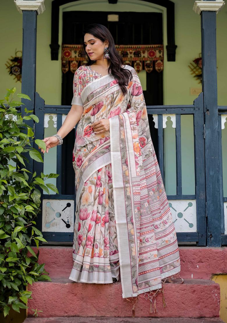 White Embroidery Linen Saree Set - Indya