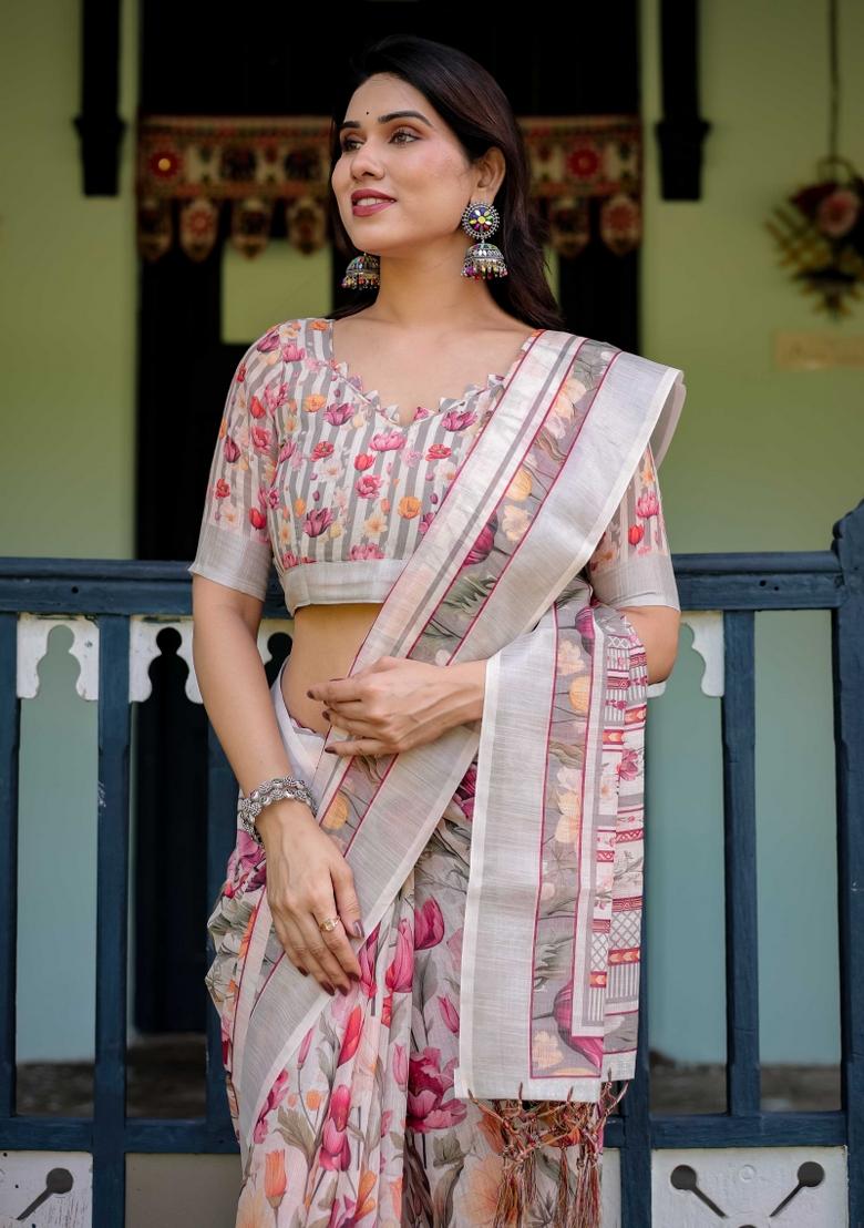 White Embroidery Linen Saree Set - Indya