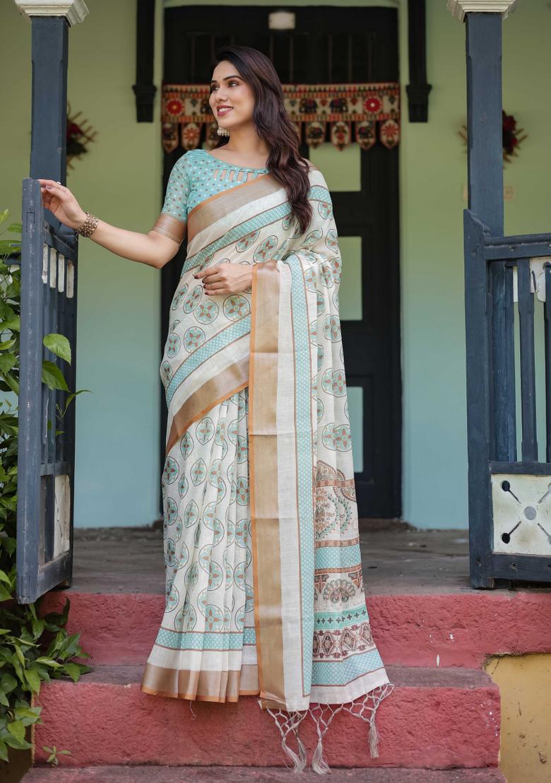 White Embroidery Linen Saree Set - Indya