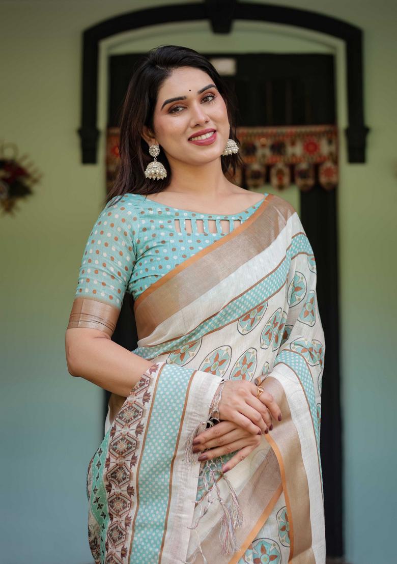 White Embroidery Linen Saree Set - Indya