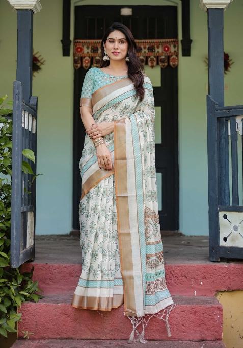 White Embroidery Linen Saree Set