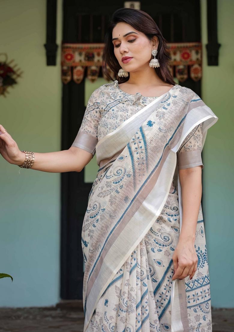 Off White Embroidery Linen Saree Set - Indya