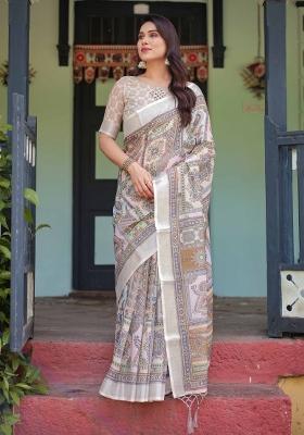 Off White Embroidery Linen Saree Set