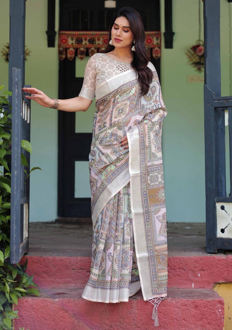 Off White Embroidery Linen Saree Set - Indya