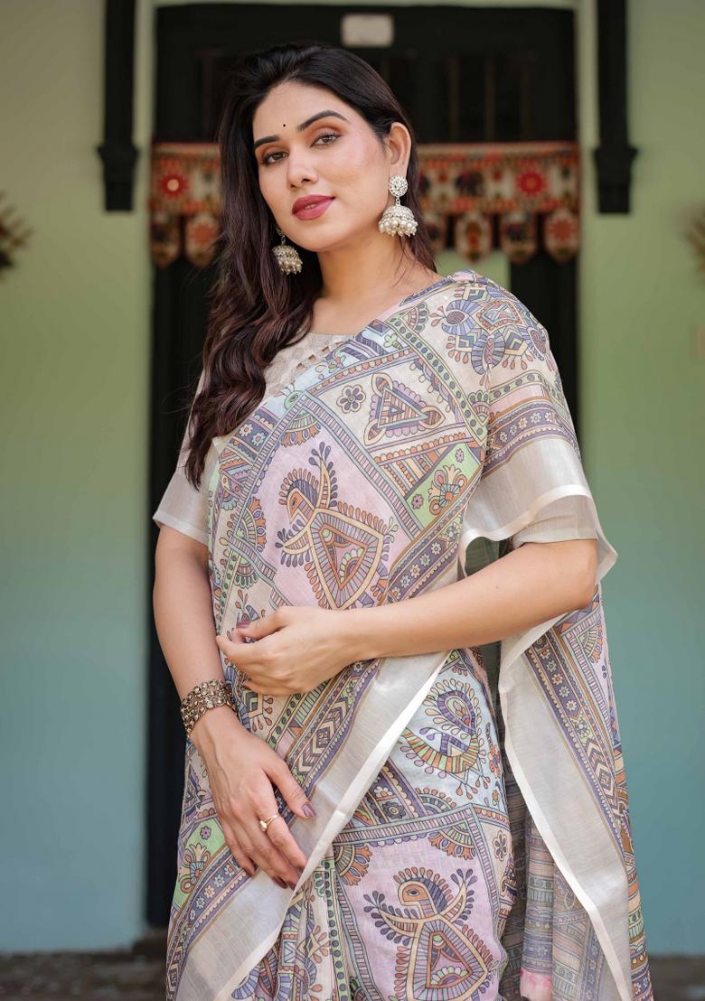 Off White Embroidery Linen Saree Set - Indya