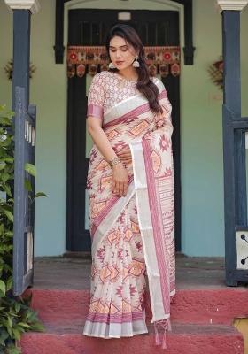 Off White Embroidery Linen Saree Set