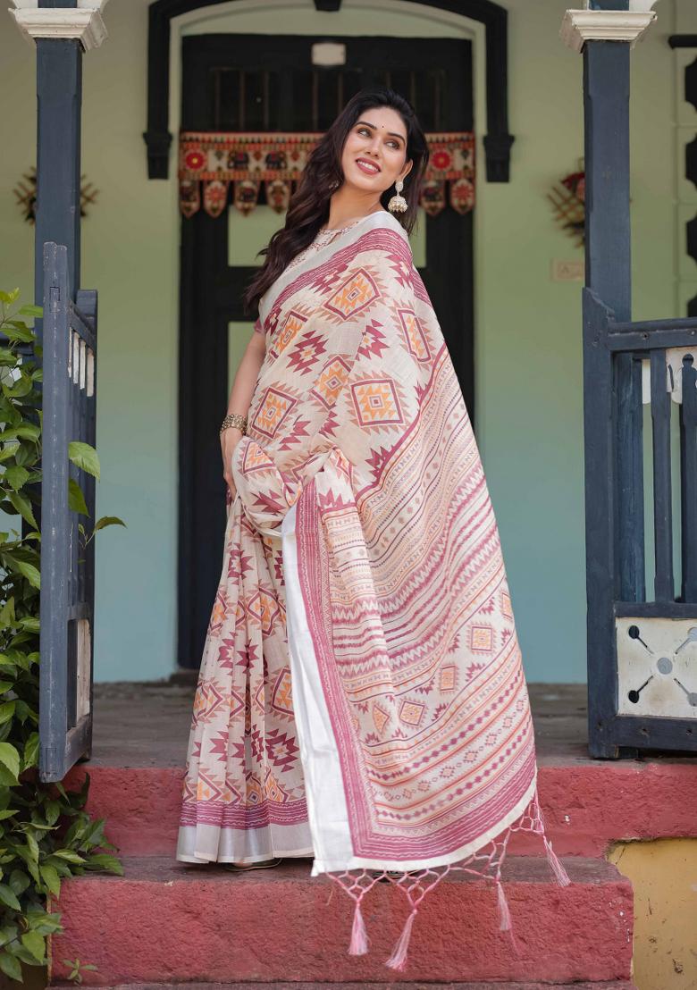 Off White Embroidery Linen Saree Set - Indya