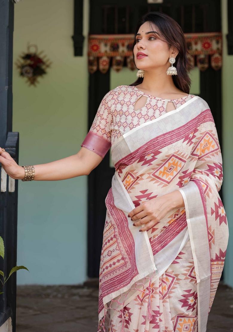 Off White Embroidery Linen Saree Set - Indya