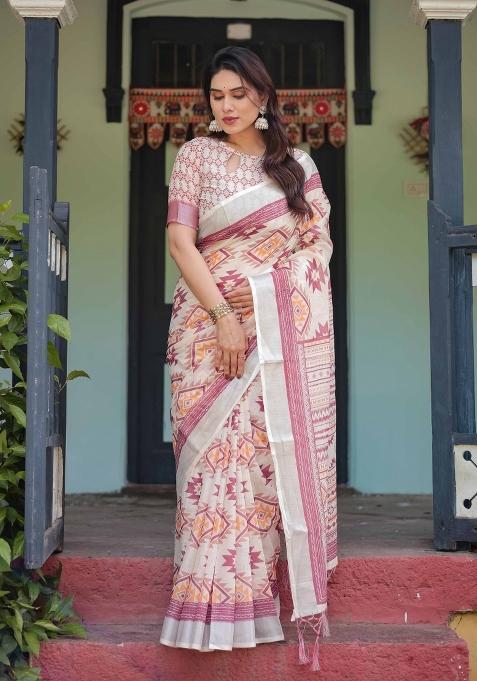 Off White Embroidery Linen Saree Set