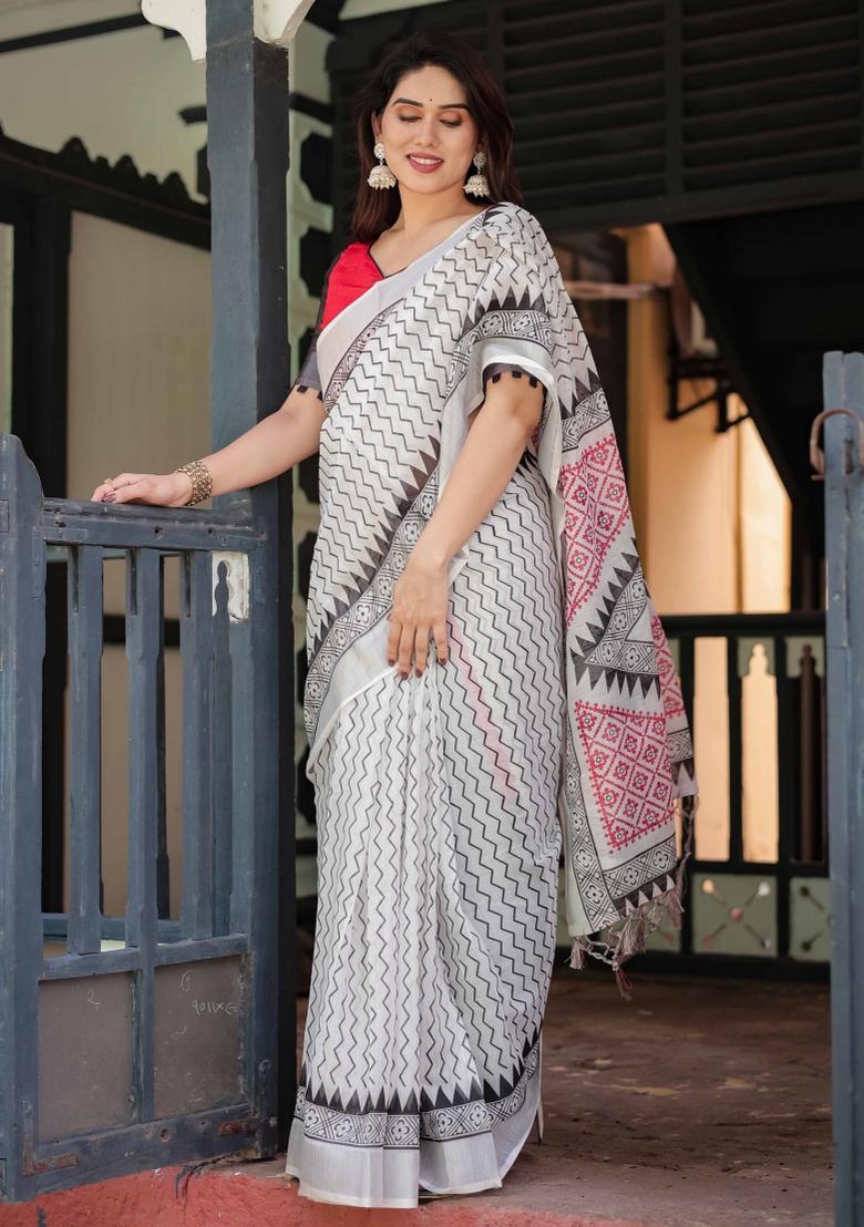 White Embroidery Linen Saree Set - Indya