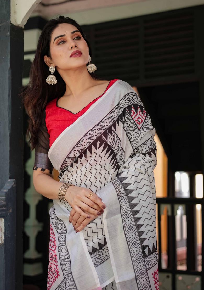 White Embroidery Linen Saree Set - Indya