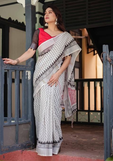 White Embroidery Linen Saree Set