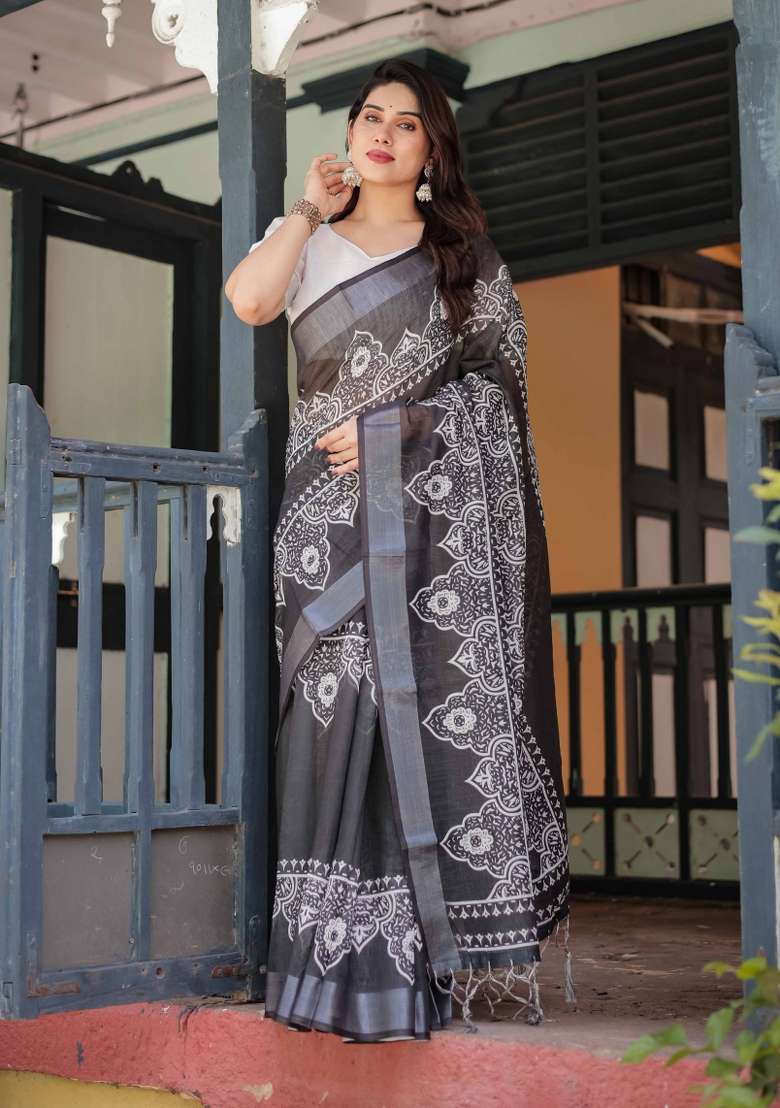 Black Embroidery Linen Saree Set for Diwali and Festive Wear - Indya