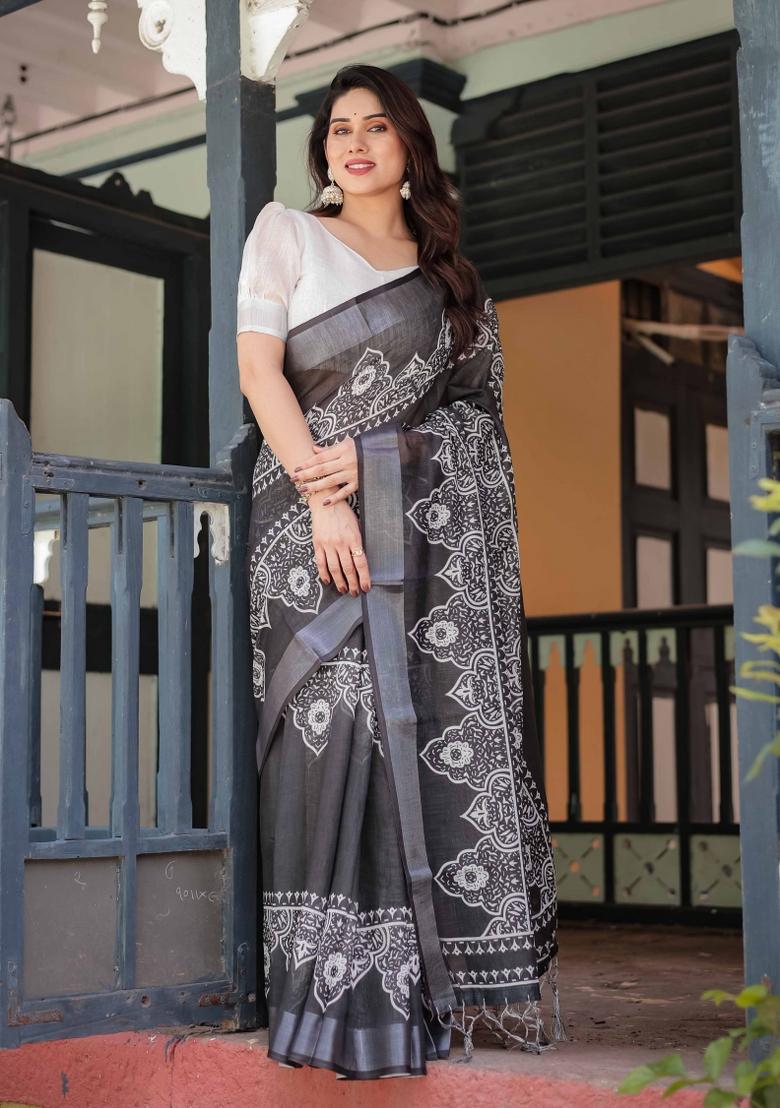 Black Embroidery Linen Saree Set - Indya