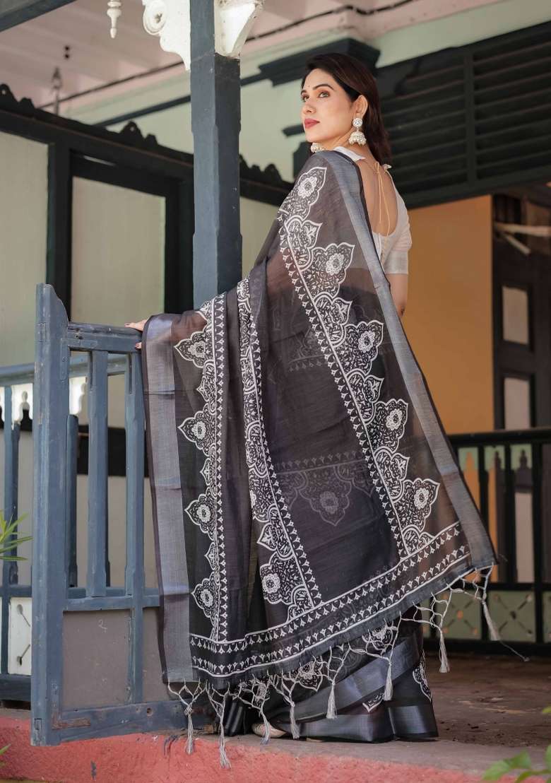 Black Embroidery Linen Saree Set for Diwali and Festive Wear - Indya