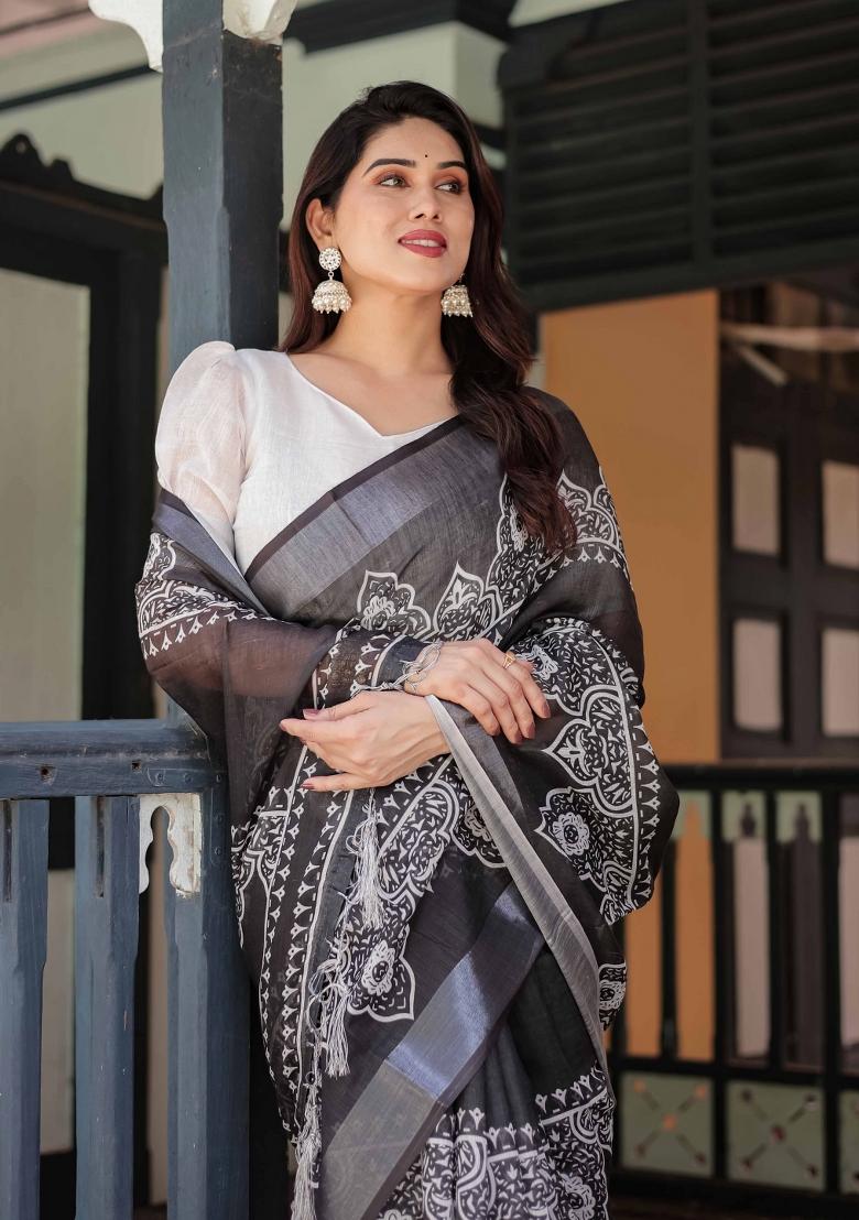 Black Embroidery Linen Saree Set - Indya