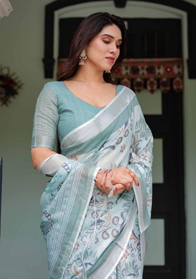 Light Blue Embroidery Linen Saree Set - Indya