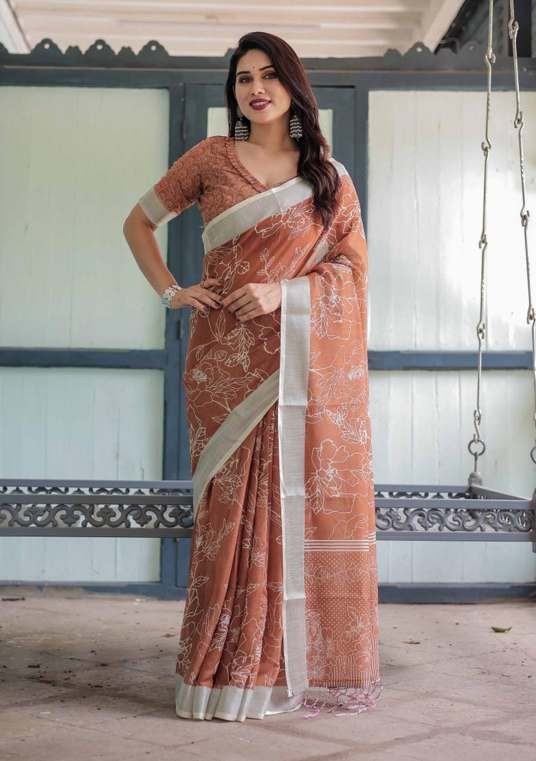 Rust Embroidery Linen Saree Set - Indya