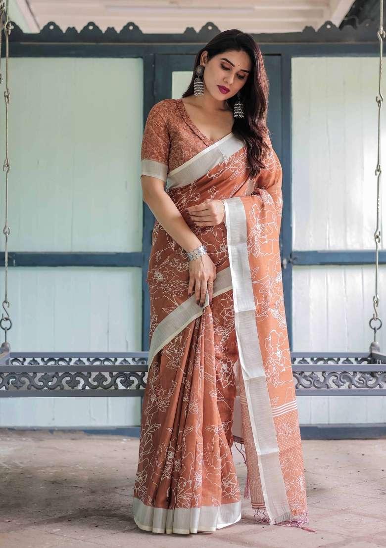Rust Linen Saree Set with Embroidery for Diwali | Wedding & Festive Wear - Indya