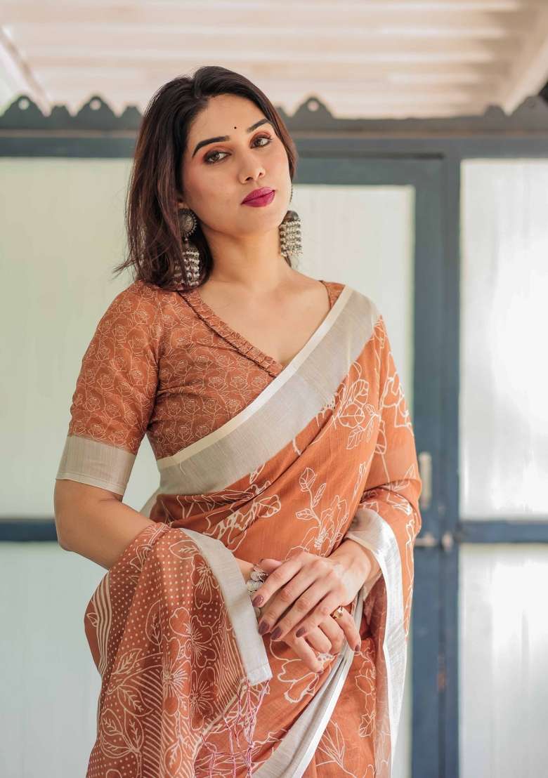 Rust Linen Saree Set with Embroidery for Diwali | Wedding & Festive Wear - Indya