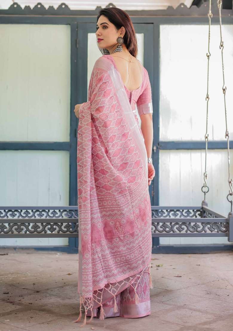 Pink Embroidery Linen Saree Set for Diwali and Festive Wear - Indya