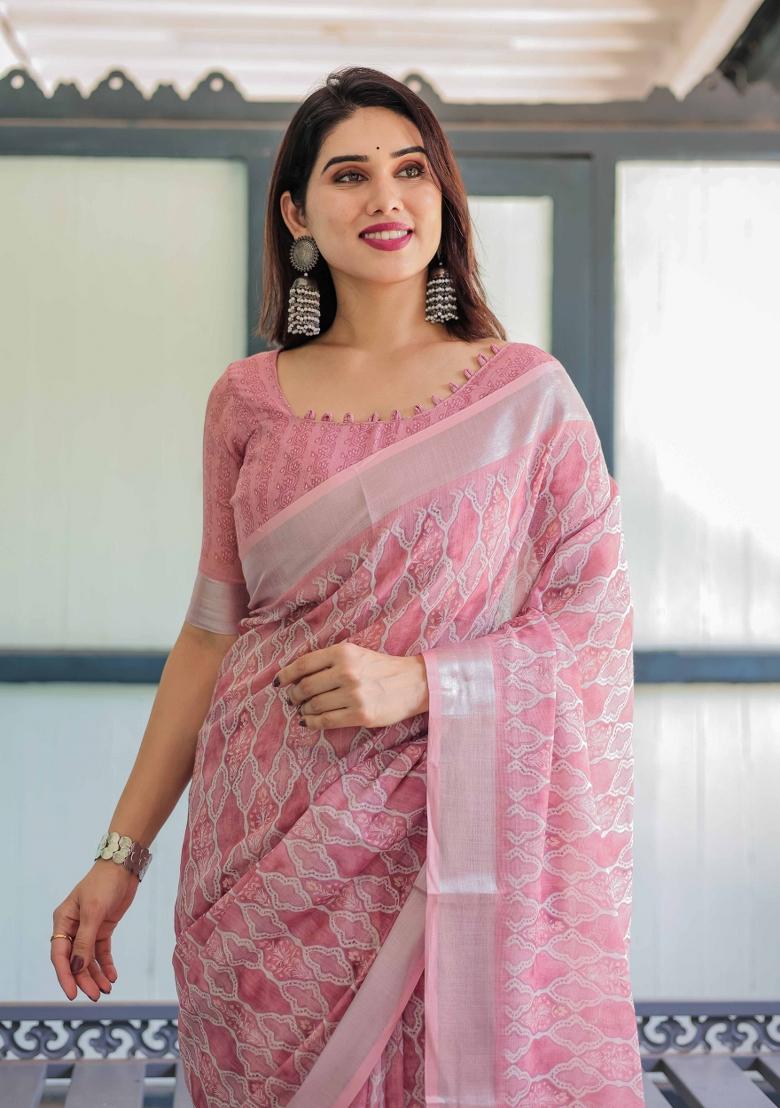 Pink Embroidery Linen Saree Set - Indya