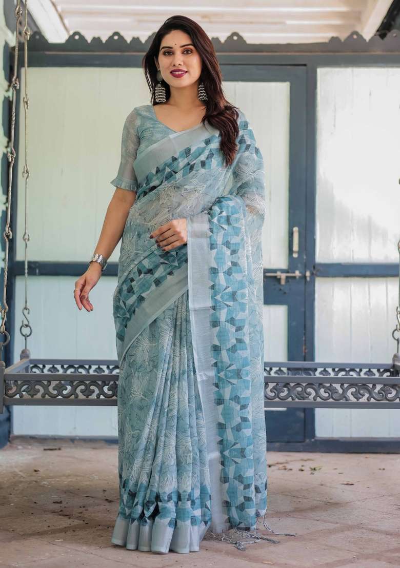 Light Blue Embroidery Linen Saree Set for Diwali and Festive Wear - Indya