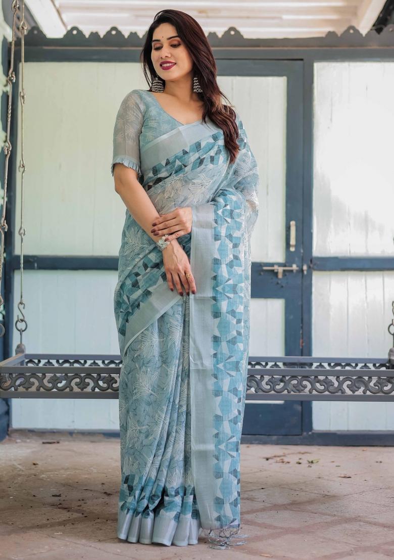 Light Blue Embroidery Linen Saree Set - Indya