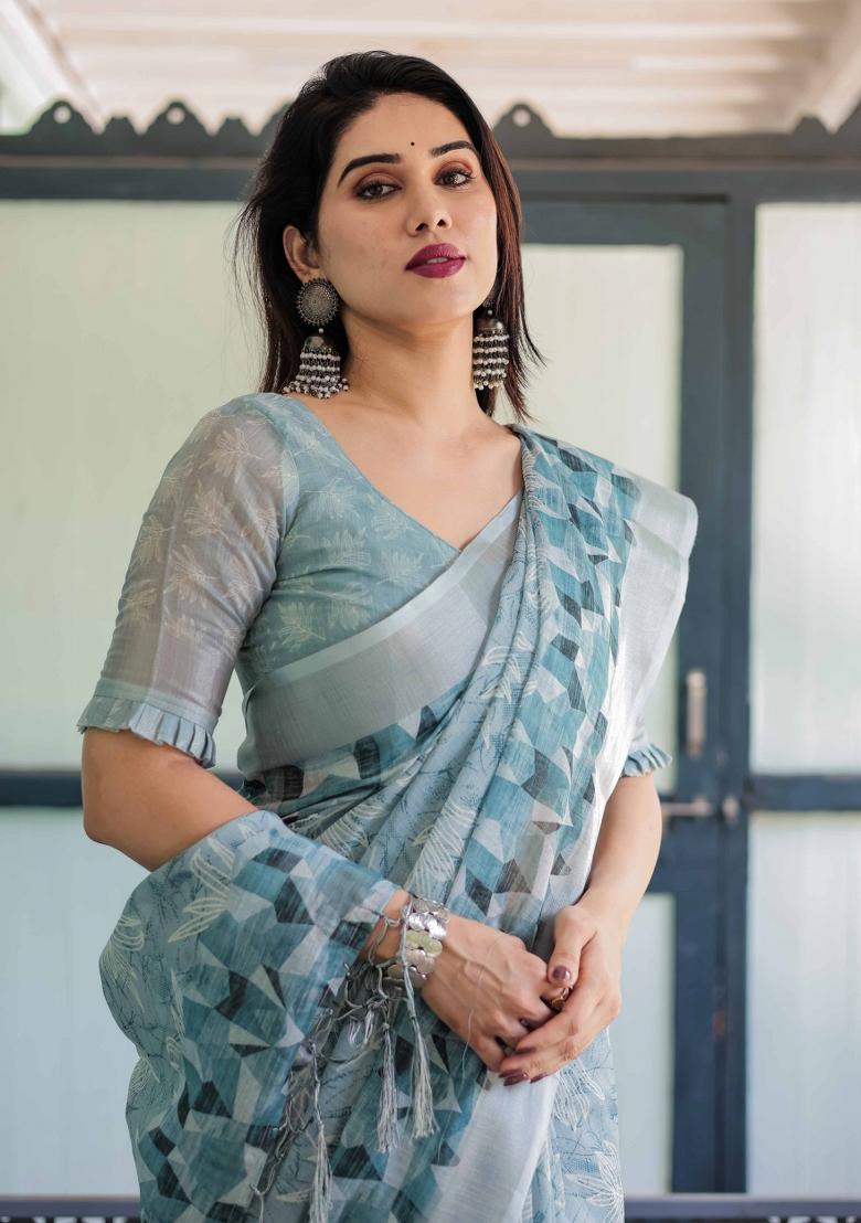 Light Blue Embroidery Linen Saree Set - Indya