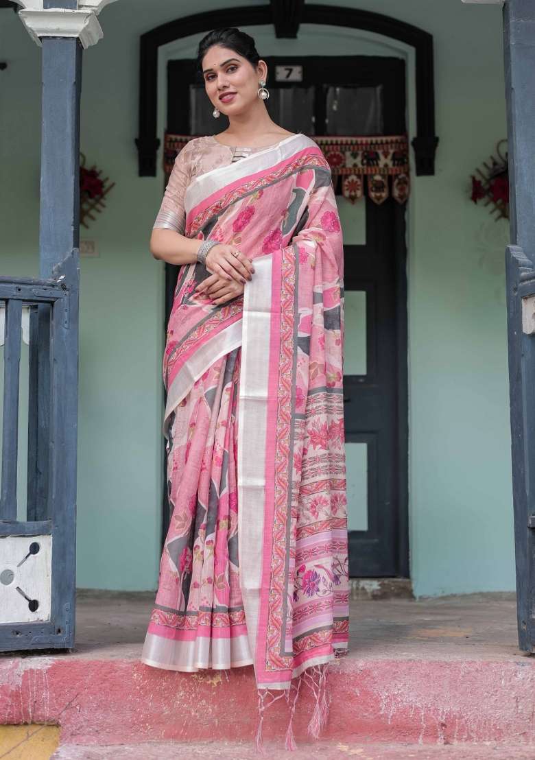 Pink Embroidery Linen Saree Set for Diwali and Festive Wear - Indya