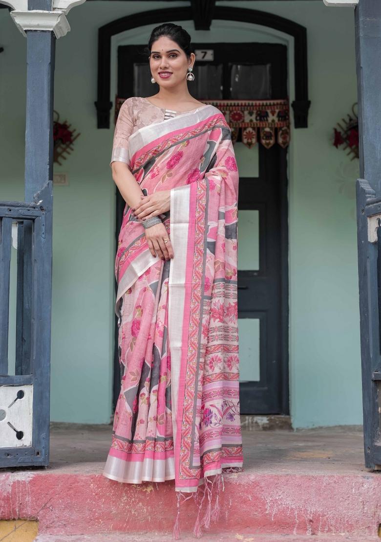 Pink Embroidery Linen Saree Set - Indya