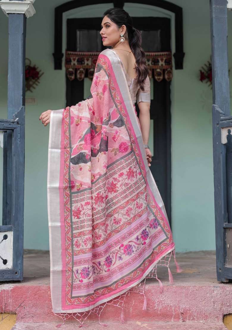 Pink Embroidery Linen Saree Set for Diwali and Festive Wear - Indya