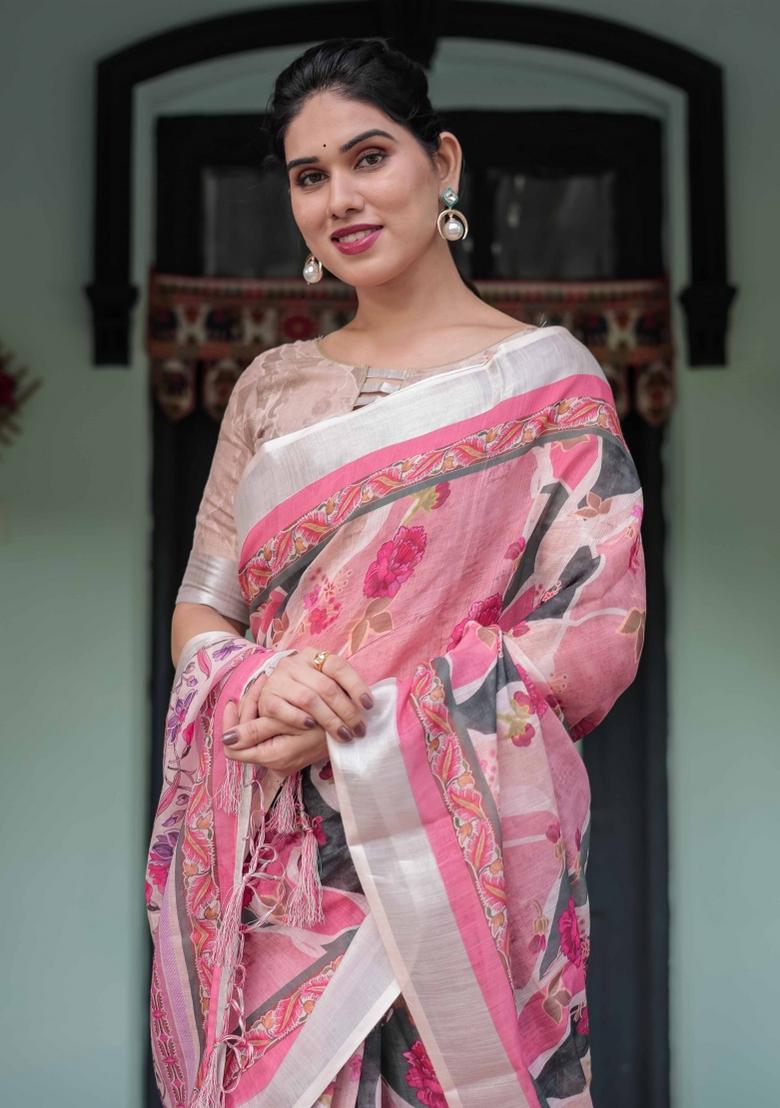 Pink Embroidery Linen Saree Set - Indya