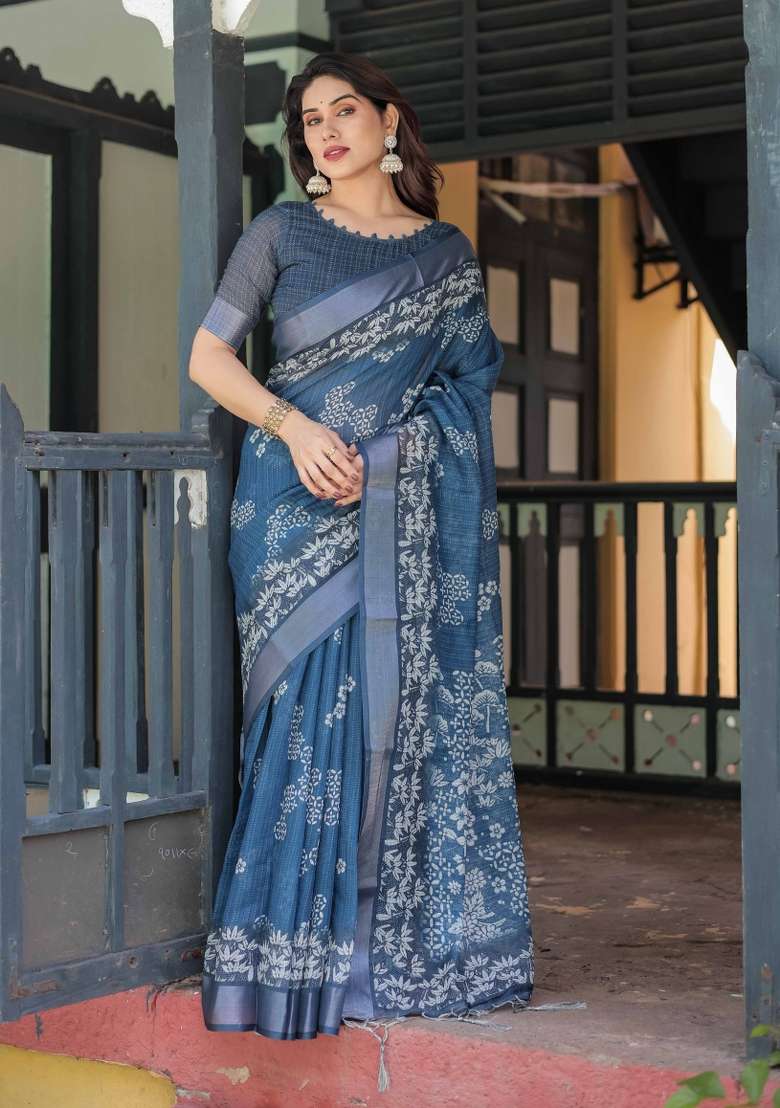 Blue Embroidery Linen Saree Set for Diwali and Festive Wear - Indya