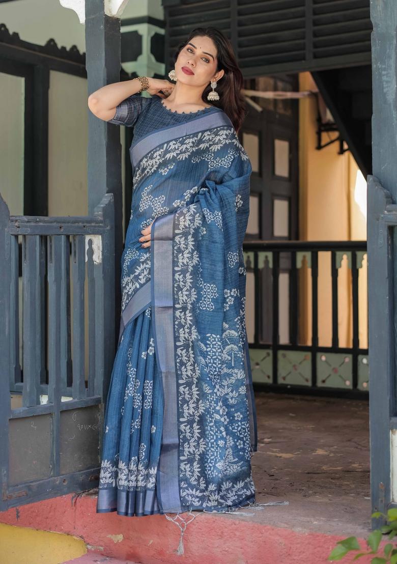 Blue Embroidery Linen Saree Set - Indya
