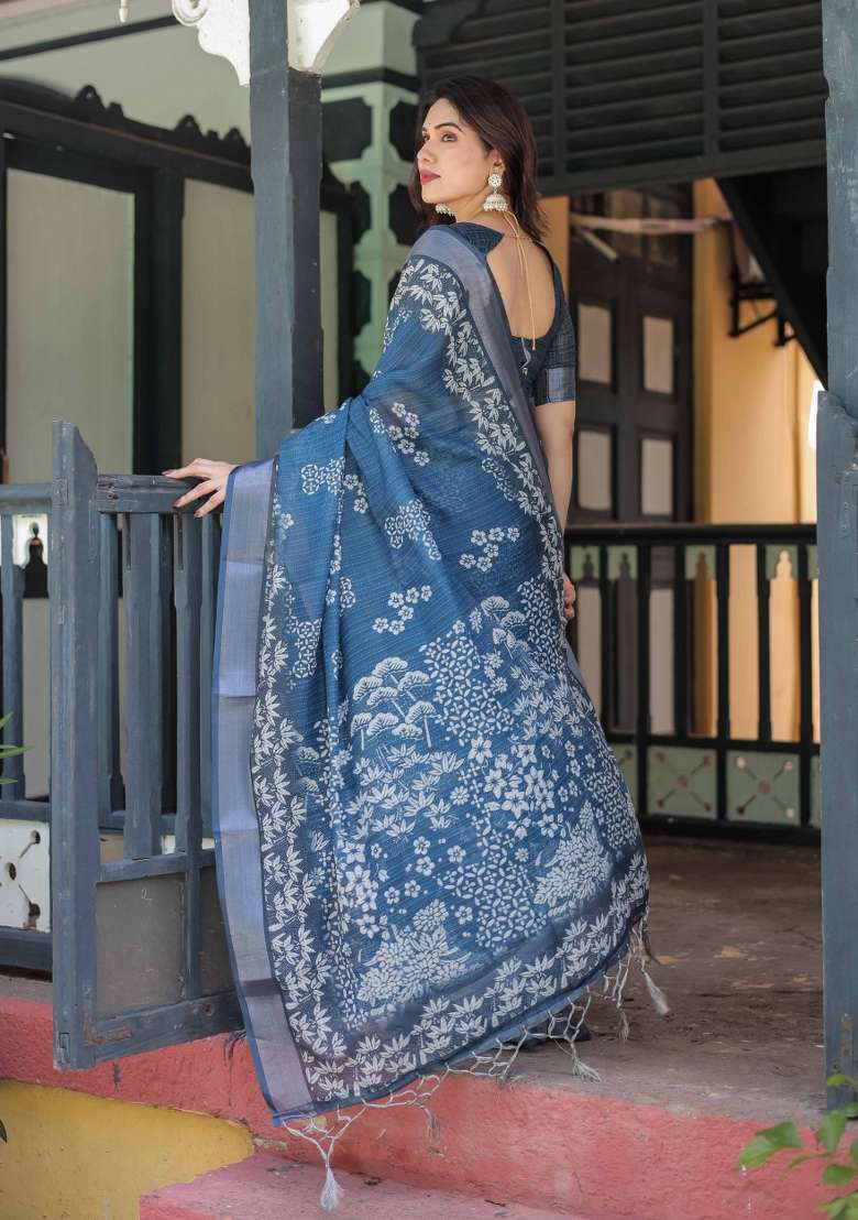Blue Embroidery Linen Saree Set for Diwali and Festive Wear - Indya