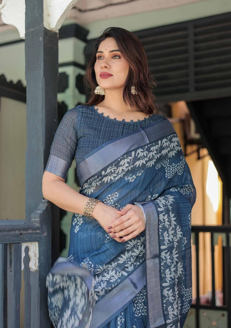 Blue Embroidery Linen Saree Set - Indya