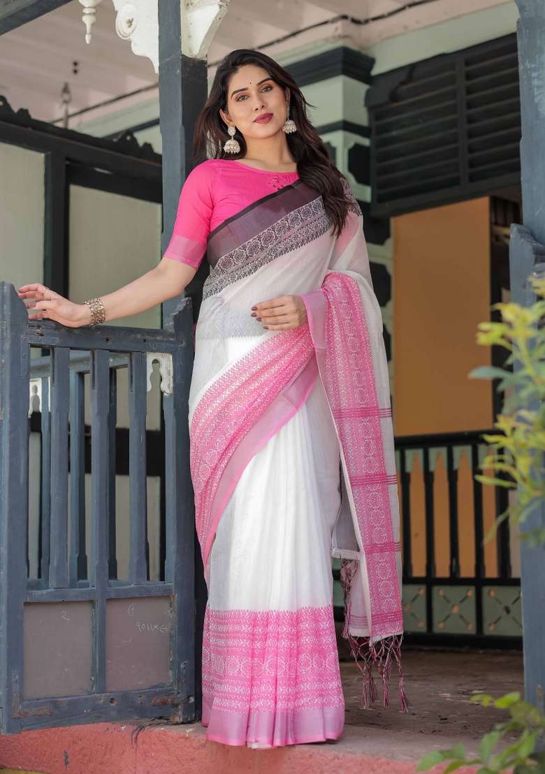 White Linen Saree Set with Embroidery for Diwali | Wedding & Festive Wear - Indya