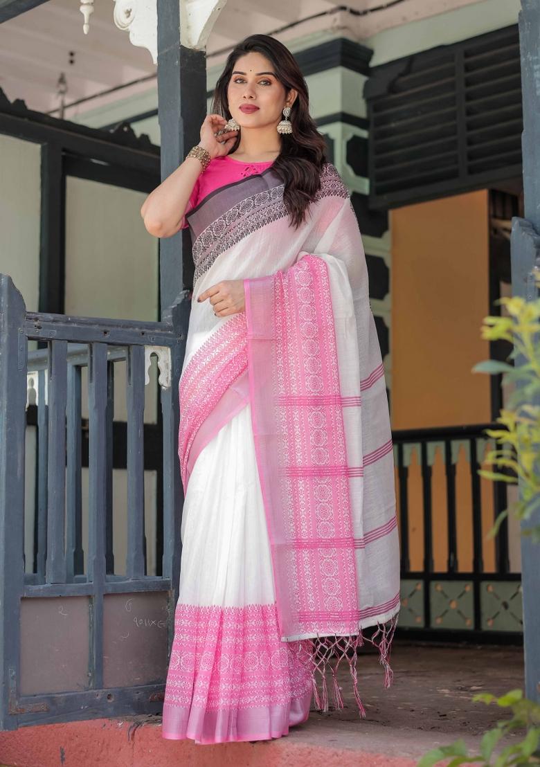 White Embroidery Linen Saree Set - Indya