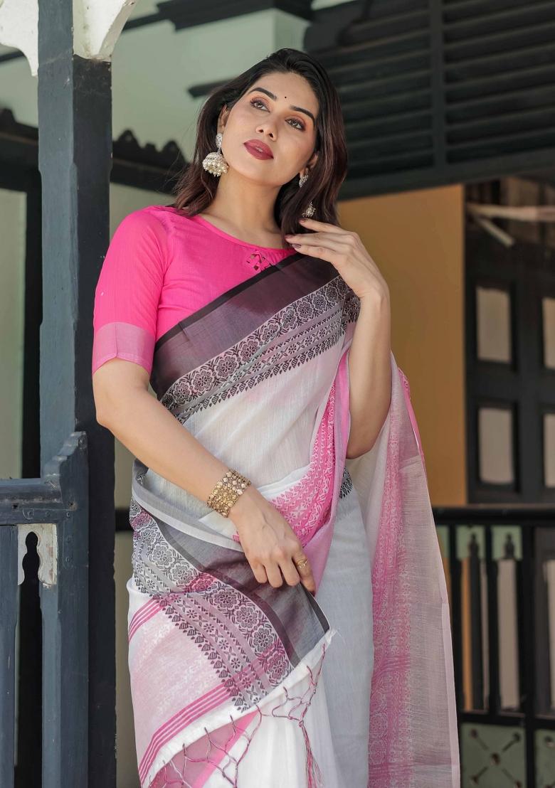 White Embroidery Linen Saree Set - Indya