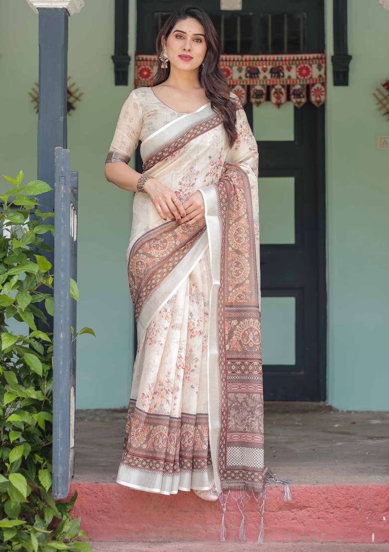 Cream Linen Saree Set with Embroidery for Diwali | Wedding & Festive Wear - Indya