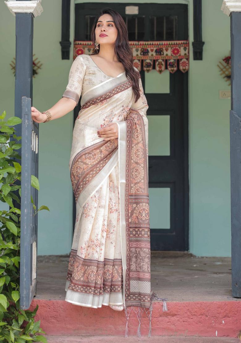 Cream Embroidery Linen Saree Set - Indya