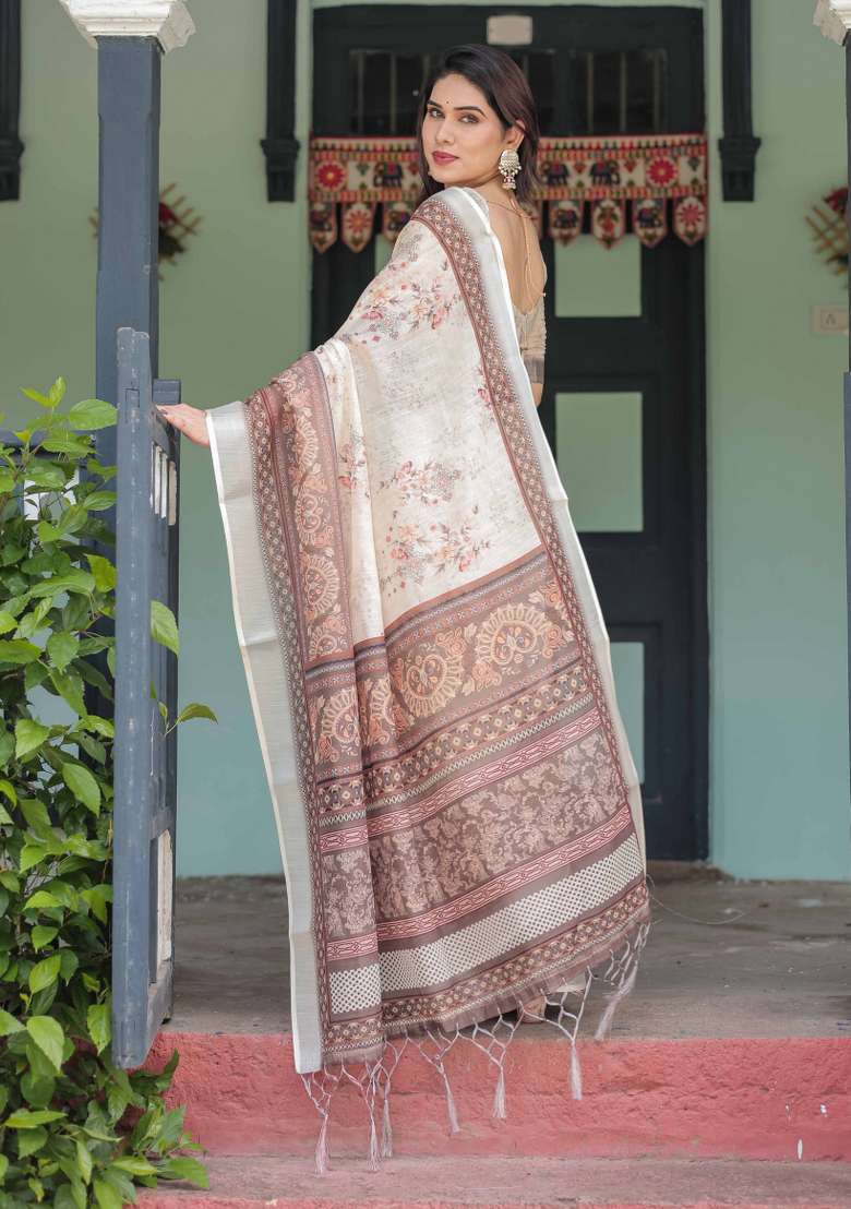 Cream Linen Saree Set with Embroidery for Diwali | Wedding & Festive Wear - Indya