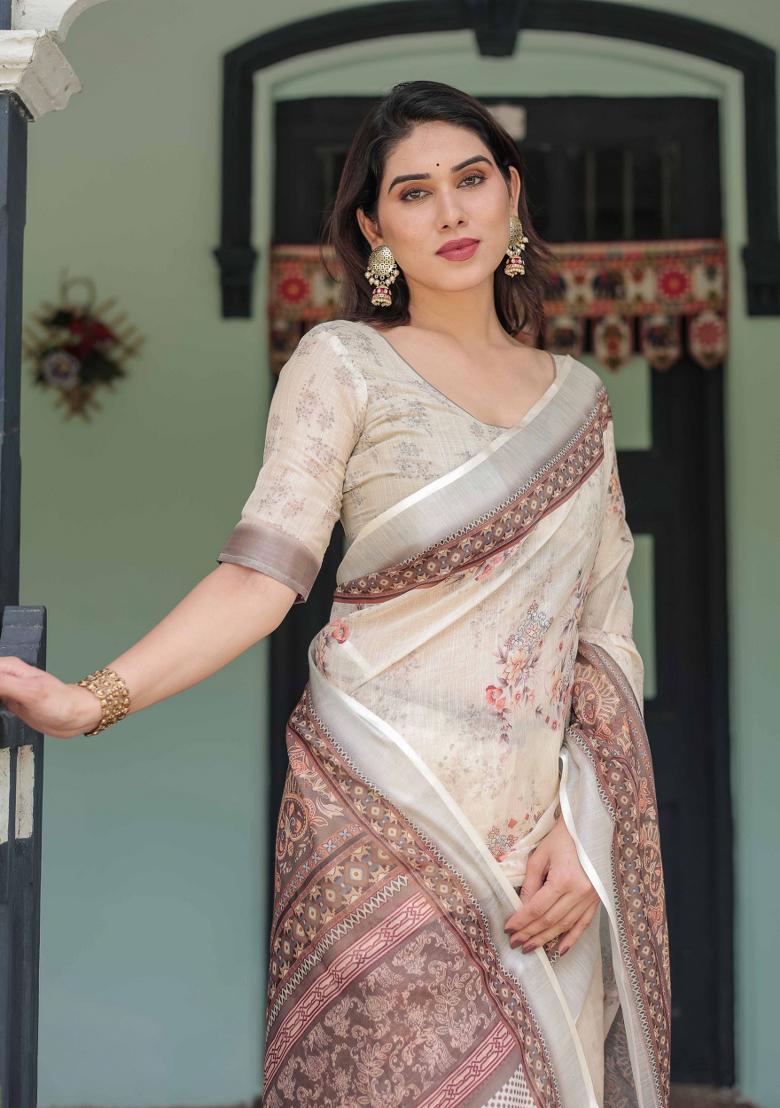 Cream Embroidery Linen Saree Set - Indya