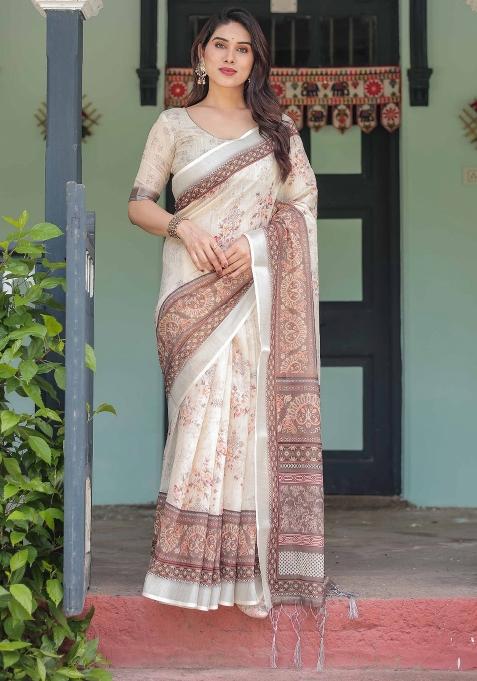 Cream Embroidery Linen Saree Set